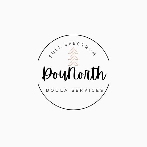 a logo with the text full spectrum doula services around the word DouNorth. There are three arrows pointing up inside the circle too.